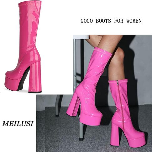 MeiLuSi GoGo Boots for Women Platform Knee High Boots Chunky Block 90s 70s Go Go Disco Shoes in Saudi Arabia