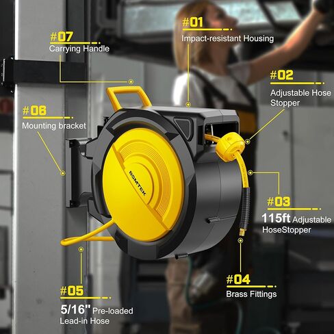 80FT+6.5FT Retractable Air Hose Reel, 3/8" Hybrid Air Hose, Air Compressor Hose Reel with Max 300 PSI Patented Design, Wall Mount Pneumatic Hose Reel for Garage Workshop, 180°Automatic Rewind in Kuwait