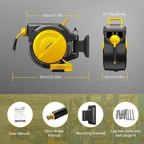 80FT+6.5FT Retractable Air Hose Reel, 3/8" Hybrid Air Hose, Air Compressor Hose Reel with Max 300 PSI Patented Design, Wall Mount Pneumatic Hose Reel for Garage Workshop, 180°Automatic Rewind in Kuwait