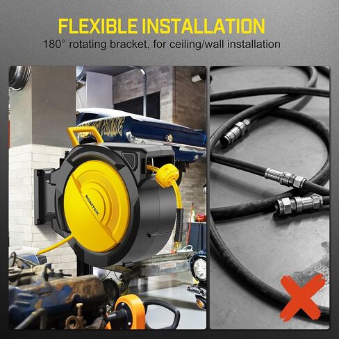 80FT+6.5FT Retractable Air Hose Reel, 3/8" Hybrid Air Hose, Air Compressor Hose Reel with Max 300 PSI Patented Design, Wall Mount Pneumatic Hose Reel for Garage Workshop, 180°Automatic Rewind in Kuwait