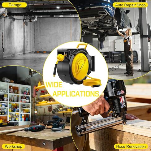 80FT+6.5FT Retractable Air Hose Reel, 3/8" Hybrid Air Hose, Air Compressor Hose Reel with Max 300 PSI Patented Design, Wall Mount Pneumatic Hose Reel for Garage Workshop, 180°Automatic Rewind in Kuwait