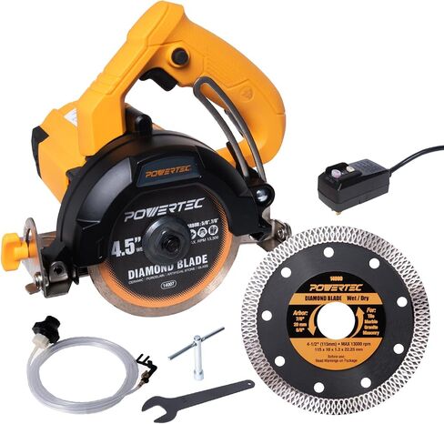 منشار بلاط POWERTEC HTS1045C مقاس 4.5 بوصة مع شفرة إضافية واحدة - محرك 12 أمبير/1400 واط، قطع رطب/جاف مع نظام تغذية مياه قابل للتعديل، قابس GFCI، تعديل المجسم والعمق، شفرات ماسية متوافقة 4 بوصة - 4.5 بوصة in Saudi Arabia
