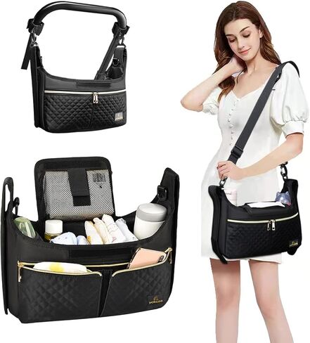 Universal Stroller Organizer Bag, Black Quilted Design with 2 Insulated Bottle Pockets, Multiple Storage Compartments, Tissue Holder, 6 x 4 x 2.5 Inches in Saudi Arabia