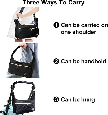 Universal Stroller Organizer Bag, Black Quilted Design with 2 Insulated Bottle Pockets, Multiple Storage Compartments, Tissue Holder, 6 x 4 x 2.5 Inches in Saudi Arabia