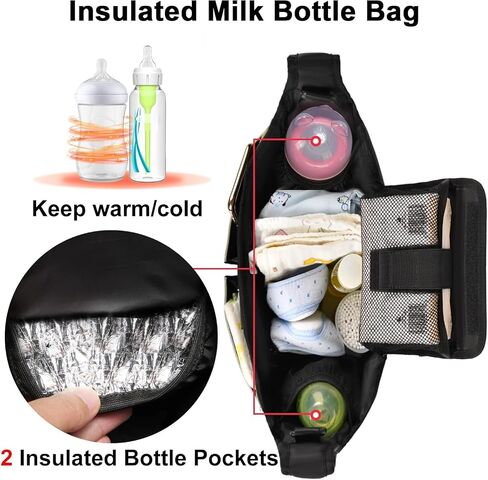 Universal Stroller Organizer Bag, Black Quilted Design with 2 Insulated Bottle Pockets, Multiple Storage Compartments, Tissue Holder, 6 x 4 x 2.5 Inches in Saudi Arabia
