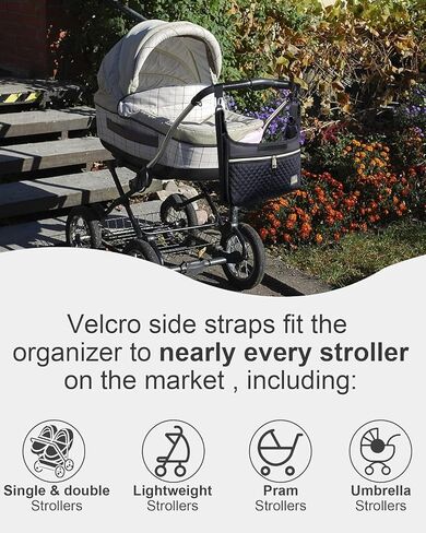 Universal Stroller Organizer Bag, Black Quilted Design with 2 Insulated Bottle Pockets, Multiple Storage Compartments, Tissue Holder, 6 x 4 x 2.5 Inches in Saudi Arabia