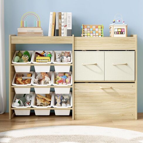 EXPERLAM Toy Storage Organizer for Kids, 9-Bin Toy Organizer with 2-Drawers, Movable Toy Chest and Top Rack, Multifunctional Kids Bookshelf and Toy Storage for Playroom, Bedroom, Nursery, White in Saudi Arabia