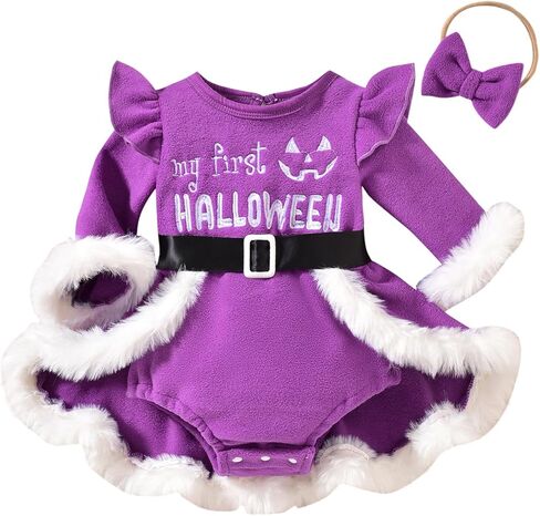 فستان My First Halloween للفتيات الصغيرات، فستان على شكل قرع، بأكمام طويلة، مزين بالفرو، فساتين الأميرة المخملية in Saudi Arabia