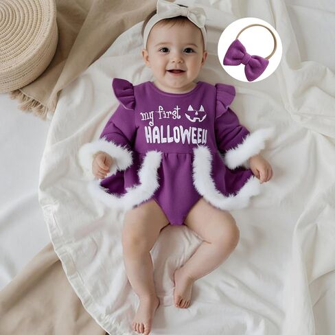فستان My First Halloween للفتيات الصغيرات، فستان على شكل قرع، بأكمام طويلة، مزين بالفرو، فساتين الأميرة المخملية in Saudi Arabia