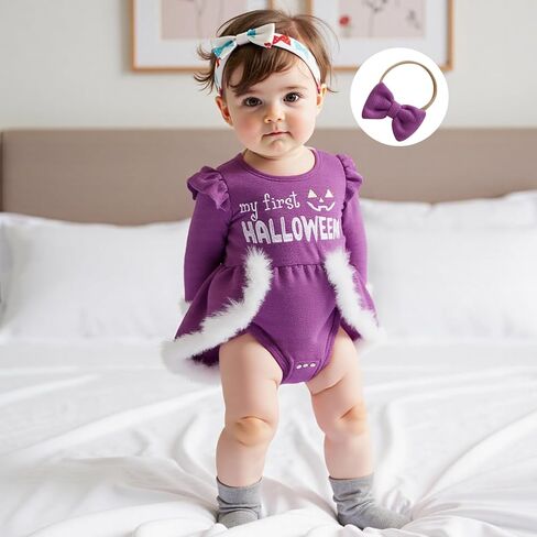 فستان My First Halloween للفتيات الصغيرات، فستان على شكل قرع، بأكمام طويلة، مزين بالفرو، فساتين الأميرة المخملية in Saudi Arabia