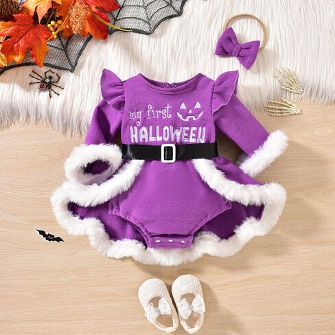 فستان My First Halloween للفتيات الصغيرات، فستان على شكل قرع، بأكمام طويلة، مزين بالفرو، فساتين الأميرة المخملية in Saudi Arabia