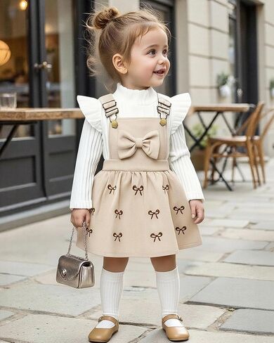 ملابس للفتيات الصغيرات بأكمام طويلة تي شيرت مضلع بفيونكة فساتين عامة تنورة بحمالات مجموعة ملابس الخريف والشتاء in Kuwait