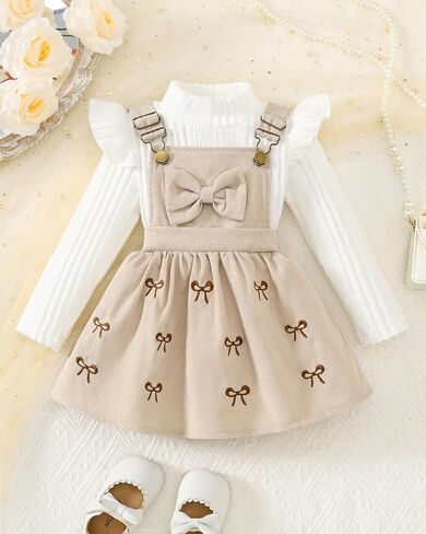 ملابس للفتيات الصغيرات بأكمام طويلة تي شيرت مضلع بفيونكة فساتين عامة تنورة بحمالات مجموعة ملابس الخريف والشتاء in Kuwait