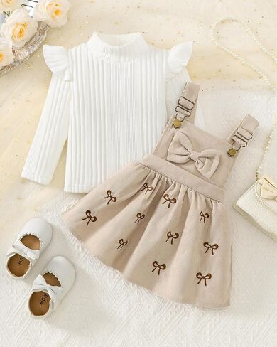 ملابس للفتيات الصغيرات بأكمام طويلة تي شيرت مضلع بفيونكة فساتين عامة تنورة بحمالات مجموعة ملابس الخريف والشتاء in Kuwait