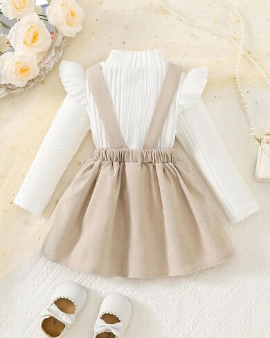 ملابس للفتيات الصغيرات بأكمام طويلة تي شيرت مضلع بفيونكة فساتين عامة تنورة بحمالات مجموعة ملابس الخريف والشتاء in Kuwait