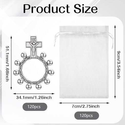 120 Set Finger Rosary Rings Bulk Silver Metal Rosary Rings Pocket Finger Rosaries Small Pocket Cross Prayer Catholic Rin-gs with Organza Bags for Baptism Favors Baby Shower Quinceanera Funeral in Saudi Arabia