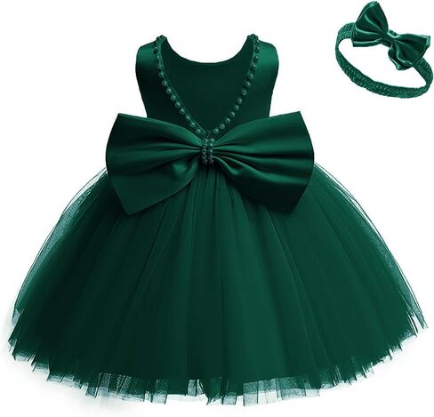 6M-6T طفل رضيع الفتيات اللؤلؤ عارية الذراعين كبير Bowknot توتو ثوب حفل زفاف الكرة ثوب الأميرة مع أغطية الرأس in Kuwait
