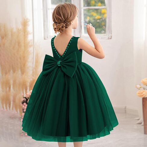 6M-6T طفل رضيع الفتيات اللؤلؤ عارية الذراعين كبير Bowknot توتو ثوب حفل زفاف الكرة ثوب الأميرة مع أغطية الرأس in Kuwait