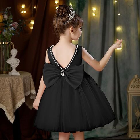 6M-6T طفل رضيع الفتيات اللؤلؤ عارية الذراعين كبير Bowknot توتو ثوب حفل زفاف الكرة ثوب الأميرة مع أغطية الرأس in Kuwait
