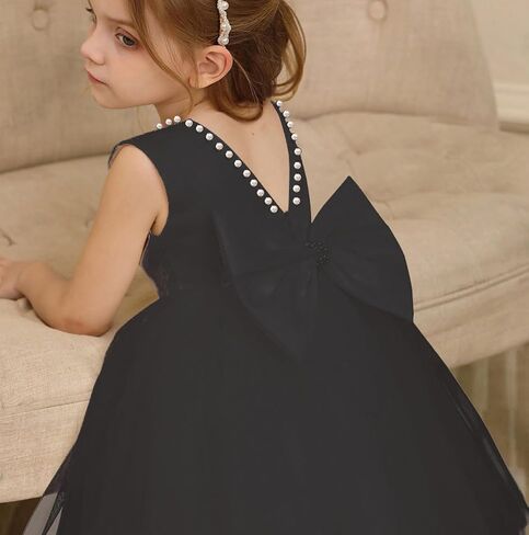 6M-6T طفل رضيع الفتيات اللؤلؤ عارية الذراعين كبير Bowknot توتو ثوب حفل زفاف الكرة ثوب الأميرة مع أغطية الرأس in Kuwait