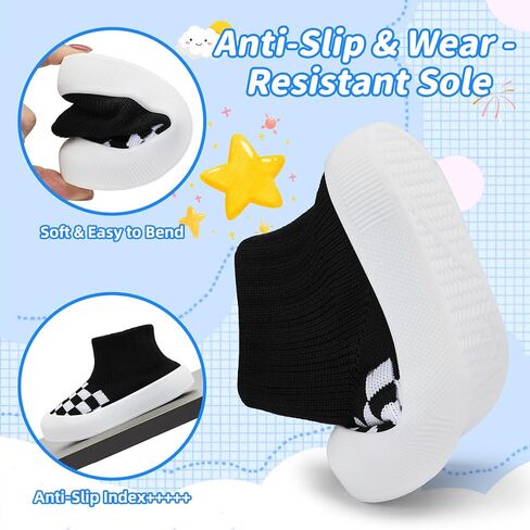 BACSAC Baby Boy Girl Socks Shoes Toddler Elastic Breathable Slippers Kid Walking Sneakers with High Top Knitted Checkered Upper Anti Collision Non-Slip Design for Indoor Outdoor in Kuwait