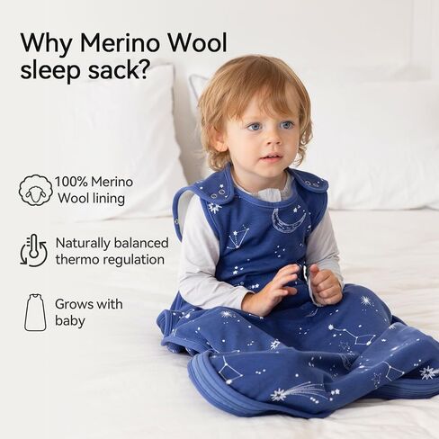 Merino Wool & Organic Cotton Sleep Sack 2-Way Zipper Adjustable Universal Size Sleeping Bag for Baby Year-round Use in Saudi Arabia