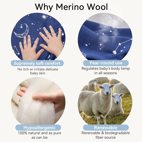 Merino Wool & Organic Cotton Sleep Sack 2-Way Zipper Adjustable Universal Size Sleeping Bag for Baby Year-round Use in Saudi Arabia