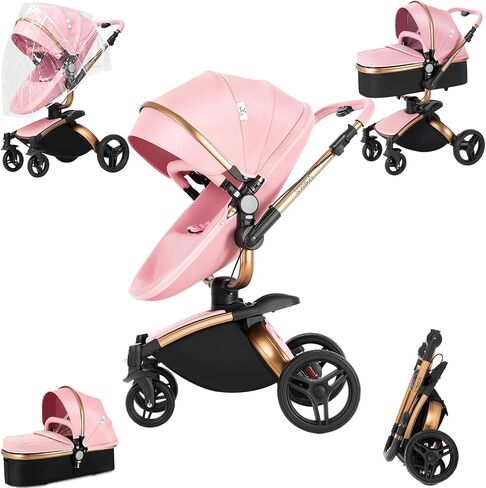2 in 1 Baby Stroller Convertible Reversible Standard Pram Portable Pushchair Infant Buggy Baby Carriage Foldable High Landscape Pram for Toddler Newborn (225 Black Gold) in Saudi Arabia