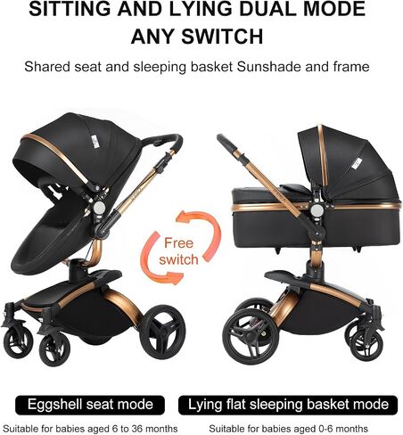 2 in 1 Baby Stroller Convertible Reversible Standard Pram Portable Pushchair Infant Buggy Baby Carriage Foldable High Landscape Pram for Toddler Newborn (225 Black Gold) in Saudi Arabia