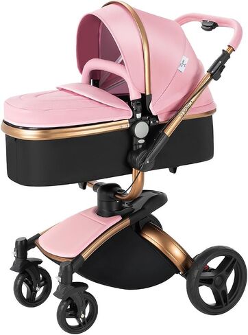 2 in 1 Baby Stroller Convertible Reversible Standard Pram Portable Pushchair Infant Buggy Baby Carriage Foldable High Landscape Pram for Toddler Newborn (225 Black Gold) in Saudi Arabia