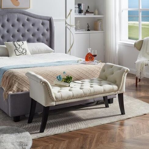 Upholstered Ottoman Bench with Armrest & Button Tufting, Great for Entryway Dining Room and More in Kuwait
