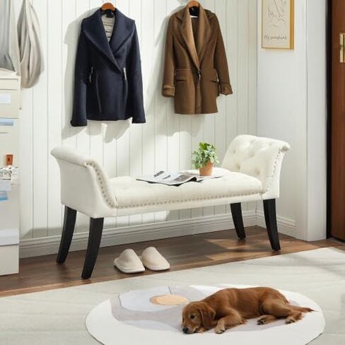 Upholstered Ottoman Bench with Armrest & Button Tufting, Great for Entryway Dining Room and More in Kuwait