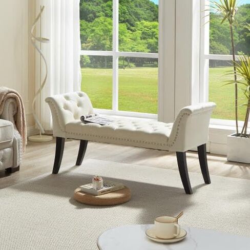 Upholstered Ottoman Bench with Armrest & Button Tufting, Great for Entryway Dining Room and More in Kuwait