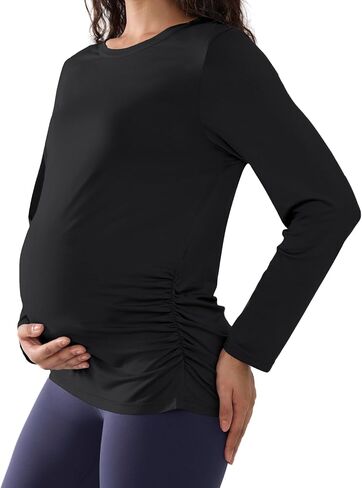 Joyaria Maternity Shirts for Women Bamboo Viscose Long Sleeve Pajamas Tops Crew Neck Ruched Side Pregnant Tshirts S-XXL in Saudi Arabia
