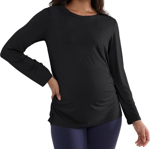 Joyaria Maternity Shirts for Women Bamboo Viscose Long Sleeve Pajamas Tops Crew Neck Ruched Side Pregnant Tshirts S-XXL in Saudi Arabia