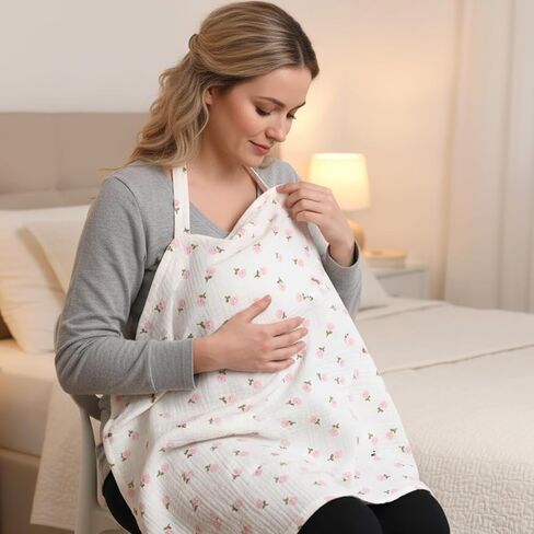 Muslin Nursing Covers for Baby Breastfeeding Privacy Breast Feeding Cover Breathable Breastfeeding Cover up with Arch Neckline Multi-use Stroller Covers for Women Nursing Apron in Saudi Arabia