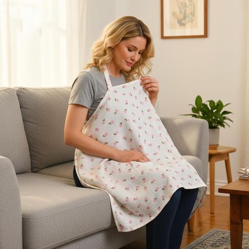 Muslin Nursing Covers for Baby Breastfeeding Privacy Breast Feeding Cover Breathable Breastfeeding Cover up with Arch Neckline Multi-use Stroller Covers for Women Nursing Apron in Saudi Arabia