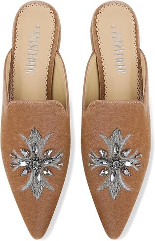 Embroidered Mules for Women Pointed Toe Bejeweled Backless Velvet Flats Slides with Cruciate Flower Pattern in Saudi Arabia
