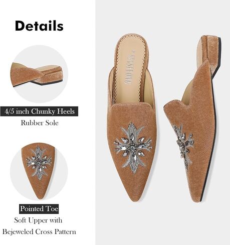 Embroidered Mules for Women Pointed Toe Bejeweled Backless Velvet Flats Slides with Cruciate Flower Pattern in Saudi Arabia