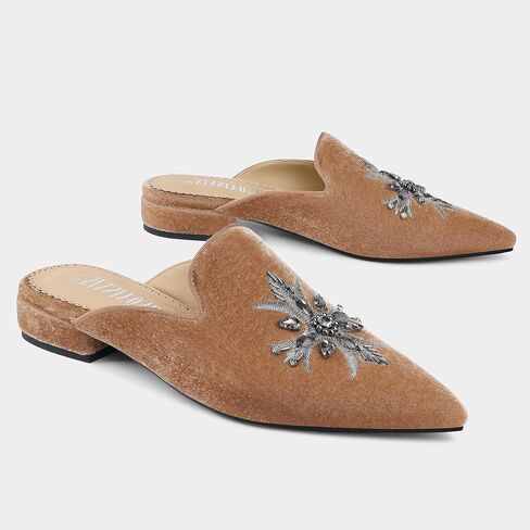 Embroidered Mules for Women Pointed Toe Bejeweled Backless Velvet Flats Slides with Cruciate Flower Pattern in Saudi Arabia
