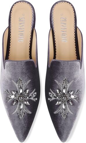 Embroidered Mules for Women Pointed Toe Bejeweled Backless Velvet Flats Slides with Cruciate Flower Pattern in Saudi Arabia