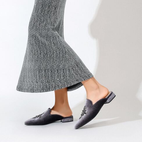 Embroidered Mules for Women Pointed Toe Bejeweled Backless Velvet Flats Slides with Cruciate Flower Pattern in Saudi Arabia