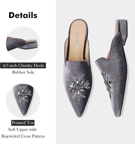 Embroidered Mules for Women Pointed Toe Bejeweled Backless Velvet Flats Slides with Cruciate Flower Pattern in Saudi Arabia