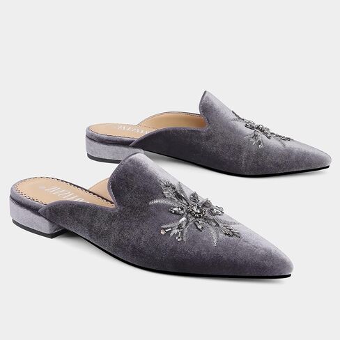 Embroidered Mules for Women Pointed Toe Bejeweled Backless Velvet Flats Slides with Cruciate Flower Pattern in Saudi Arabia
