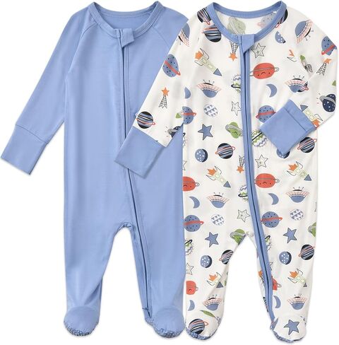 Baby Footed Pajamas with Mittens Rayon from Bamboo 2pcs Newborn Infant 2-way Zipper Pjs Cute Sleeper Outfit in Kuwait