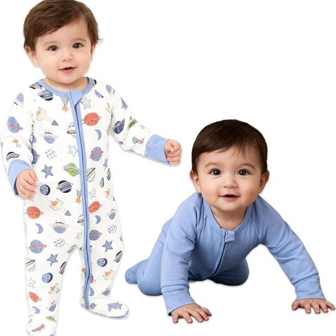 Baby Footed Pajamas with Mittens Rayon from Bamboo 2pcs Newborn Infant 2-way Zipper Pjs Cute Sleeper Outfit in Kuwait