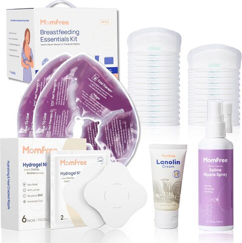 Breastfeeding Essentials Kit for Nursing Moms Nipple Relief,60 Piece Gift Set with Reusable Hot and Cold Breast Therapy Packs/Hydrogel Nipple Pads/Lanolin Nipple cream/Nursing Pads/Nipple Saline Spray in Saudi Arabia