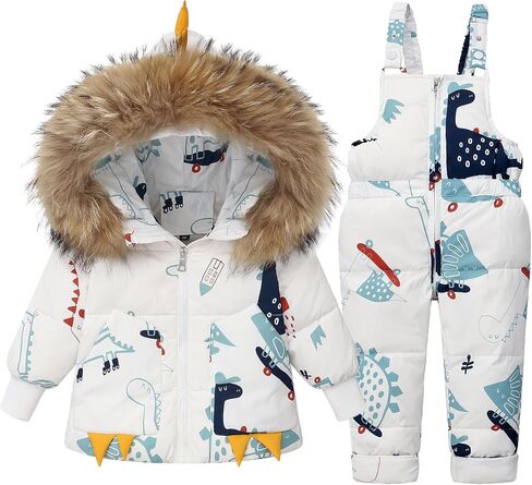 Fewlby Snowsuit Kids 2-Piece Ski Suits Set, Hooded Puffer Down Jacket Snow Bib Pants, Toddler Winter Outfit Cartoon Skisuit in Saudi Arabia