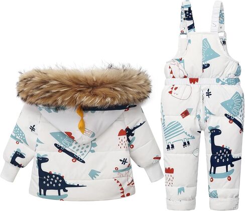 Fewlby Snowsuit Kids 2-Piece Ski Suits Set, Hooded Puffer Down Jacket Snow Bib Pants, Toddler Winter Outfit Cartoon Skisuit in Saudi Arabia