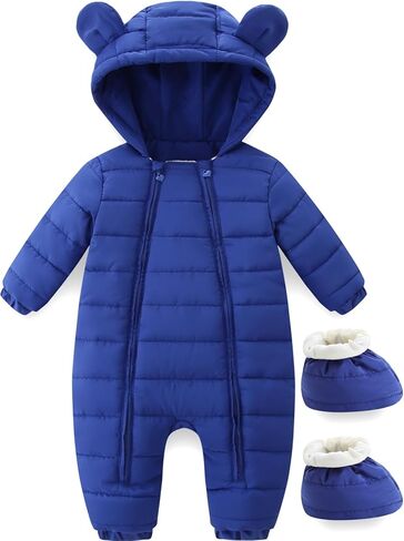 Baby Winter Snowsuit Cute Bear Ears Hooded Romper Toddler Double Zipper Warm Jumpsuit Windproof 0~24M in Kuwait